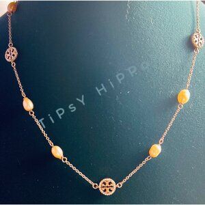 NEW!!  Tory Burch Rose Gold Miller Crystal Pave Logo and Pearl Necklace